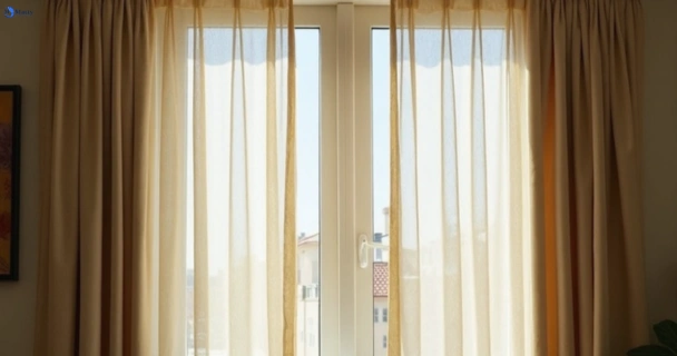 Dusty and dull curtains in mermaid-waters before steam cleaning